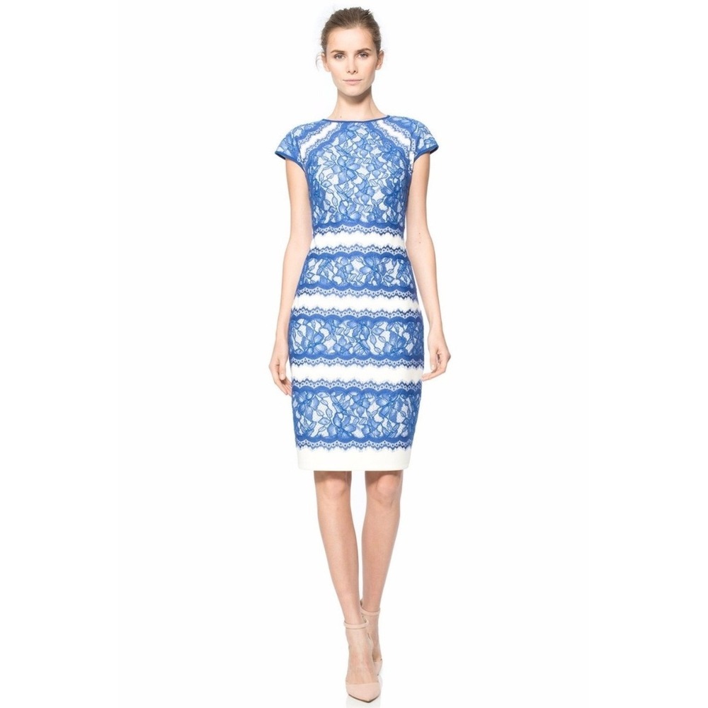 Tadashi Shoji Blue White Corded Lace Sheath Dress AGD1738M Cap Sleeve 8 Luxury